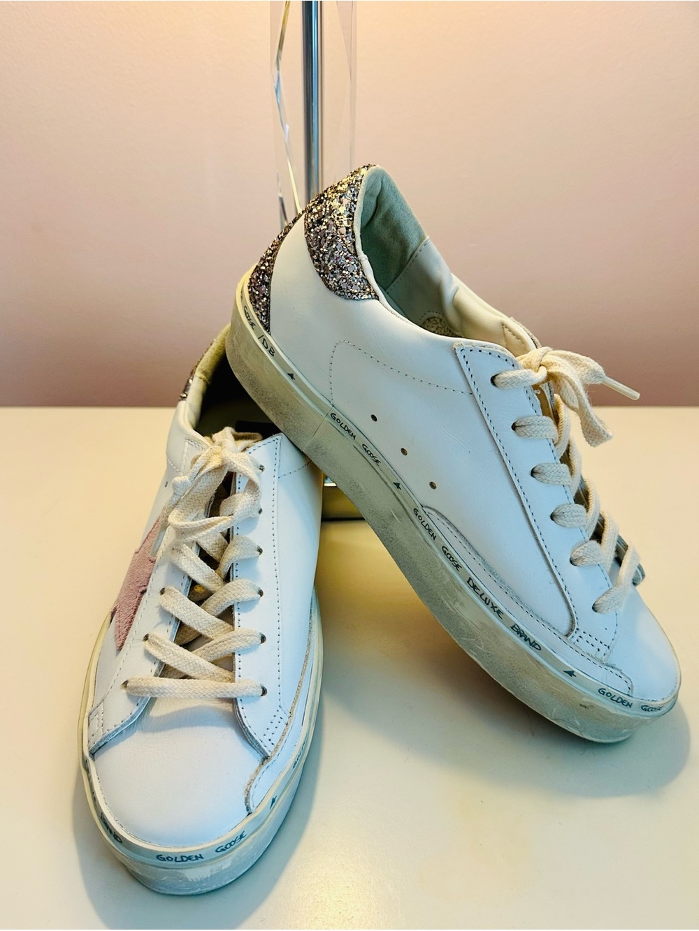 Golden Goose White Leather Sneakers with Pink Star and Silver Glitter. Like New